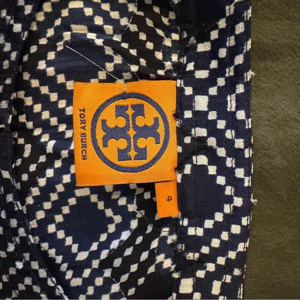 Tory Burch Navy Diamond Print Silk Ruffle Tunic Blouse Bell‎ Sleeve Size 4
